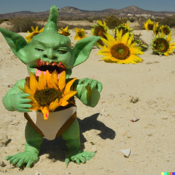 A photo of a goblin eating sunflowers in the desert from DALL·E 2